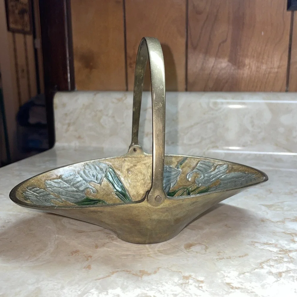 Rare Vintage‎ Brass &Enamel Cloisonne handled trinket bowl BEAUTIFUL